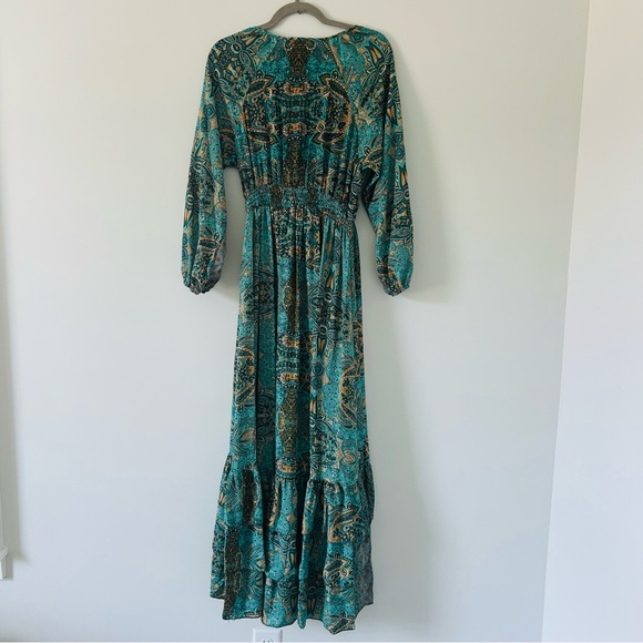 Anthropologie Boemo Green Paisley Long Sleeve V Neck Flowy Maxi Dress M - Picture 3 of 10